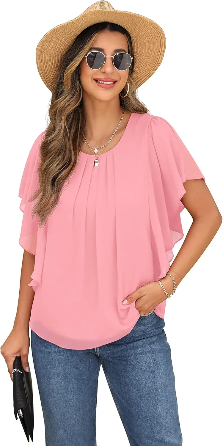 QIXING Summer Casual Loose Round Neck Chiffon Flowy Tops Blouses for Women