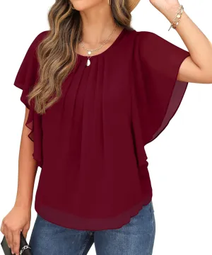 QIXING Summer Casual Loose Round Neck Chiffon Flowy Tops Blouses for Women