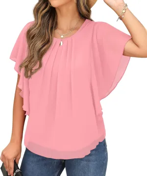 QIXING Summer Casual Loose Round Neck Chiffon Flowy Tops Blouses for Women