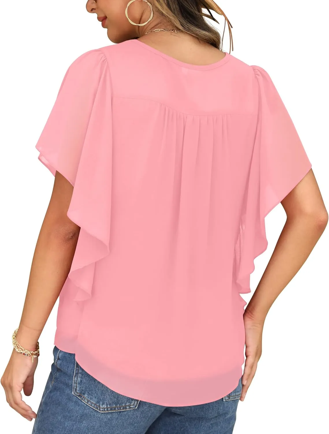 QIXING Summer Casual Loose Round Neck Chiffon Flowy Tops Blouses for Women