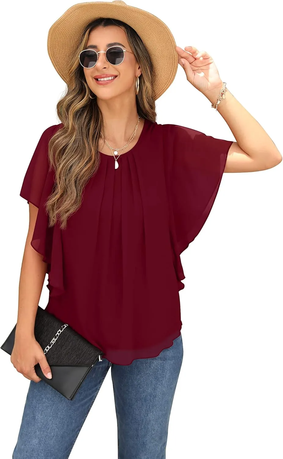 QIXING Summer Casual Loose Round Neck Chiffon Flowy Tops Blouses for Women