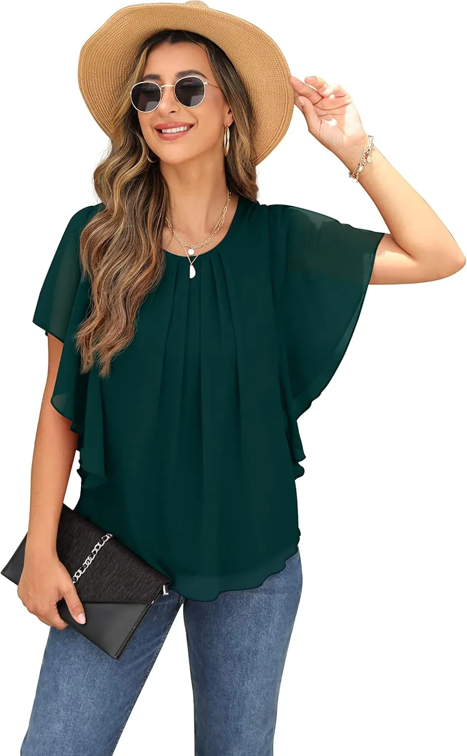 QIXING Summer Casual Loose Round Neck Chiffon Flowy Tops Blouses for Women