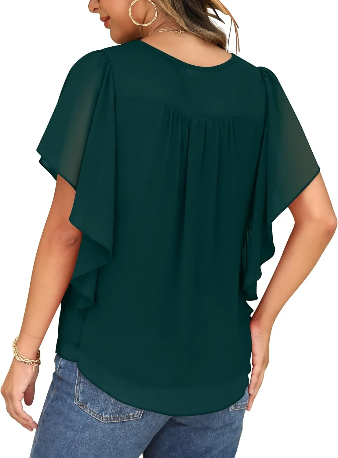 QIXING Summer Casual Loose Round Neck Chiffon Flowy Tops Blouses for Women