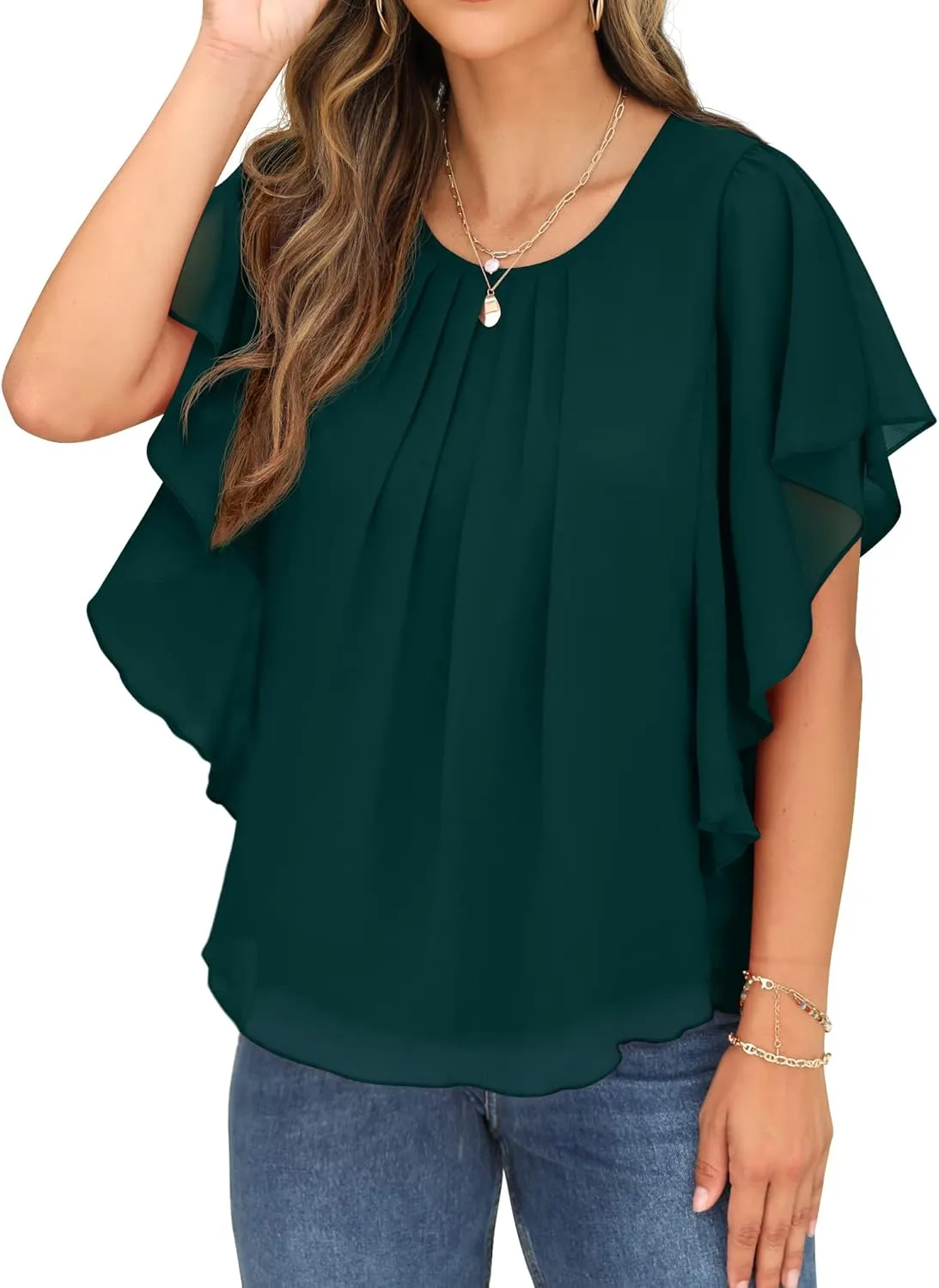 QIXING Summer Casual Loose Round Neck Chiffon Flowy Tops Blouses for Women