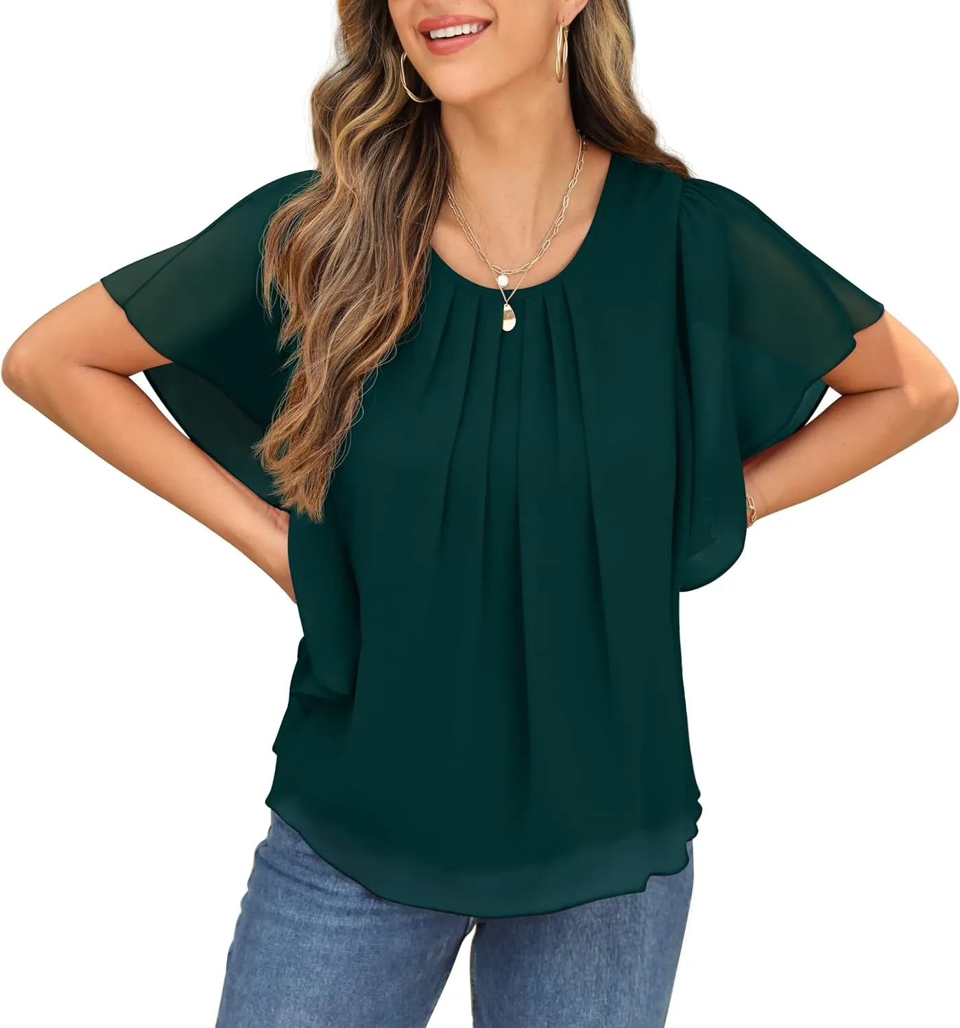 QIXING Summer Casual Loose Round Neck Chiffon Flowy Tops Blouses for Women