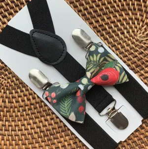 Red & Green Floral Bow Tie & Black Suspenders Set