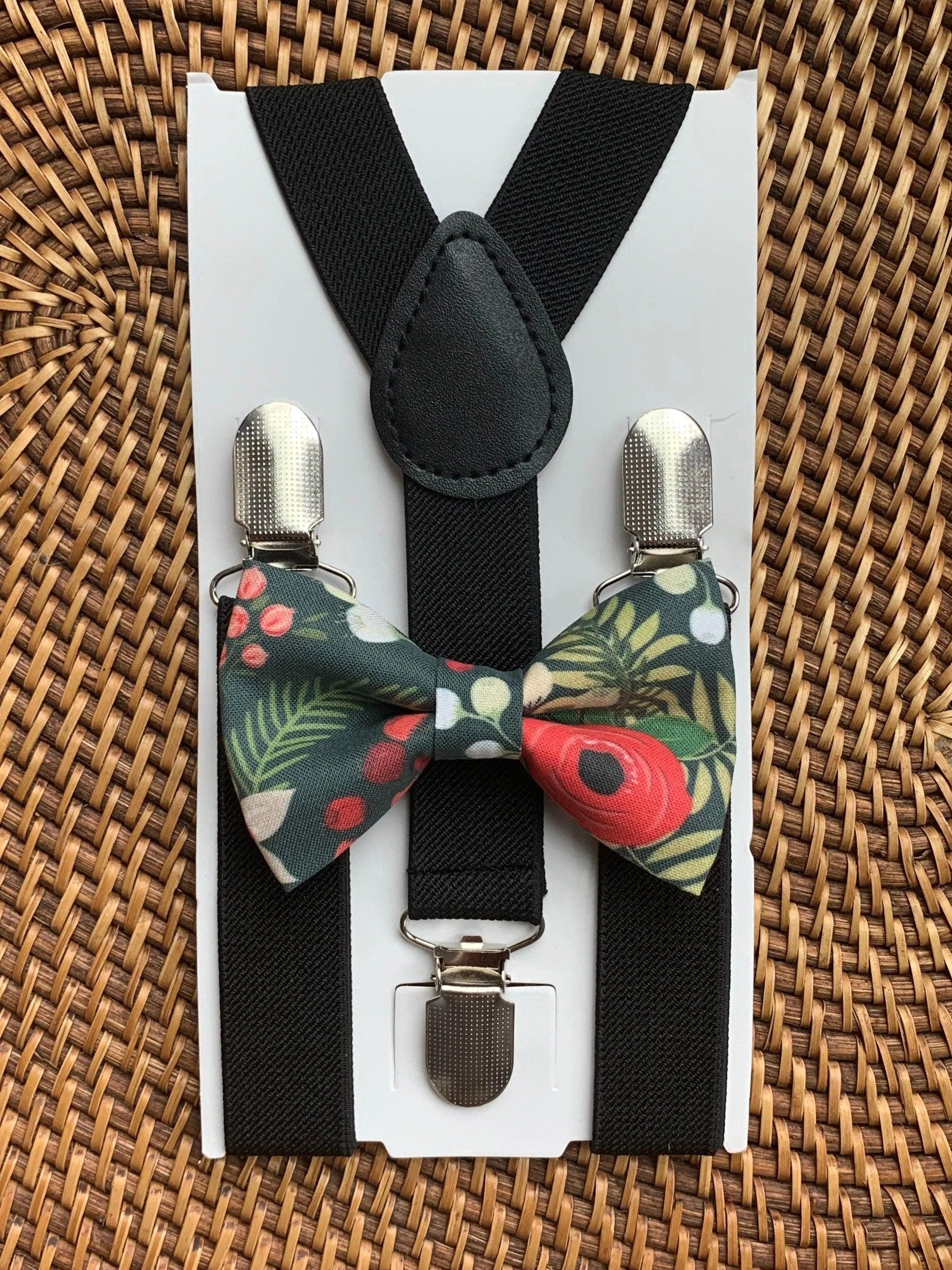 Red & Green Floral Bow Tie & Black Suspenders Set