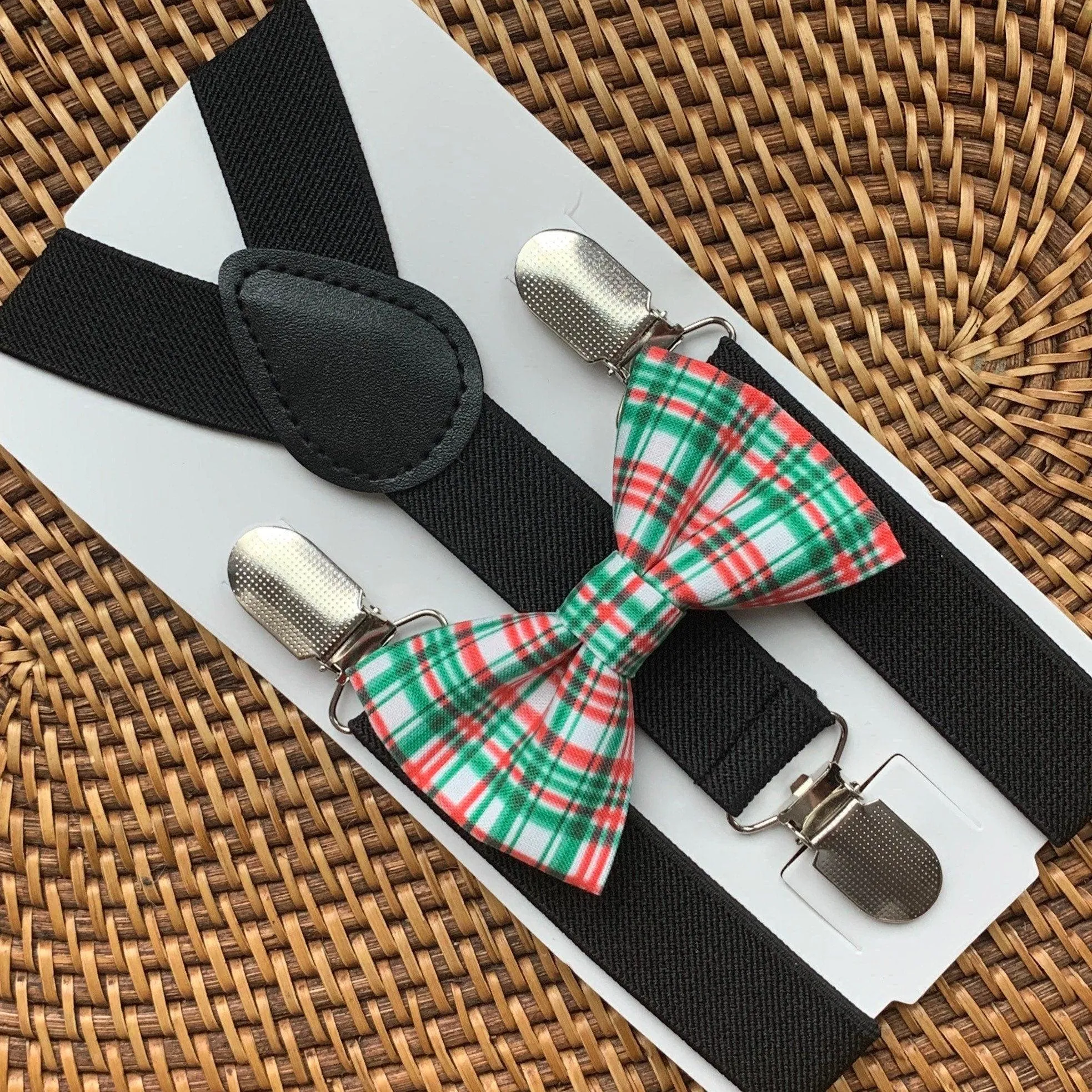Red & Green Plaid Bow Tie & Black Suspenders Set