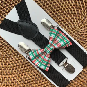 Red & Green Plaid Bow Tie & Black Suspenders Set