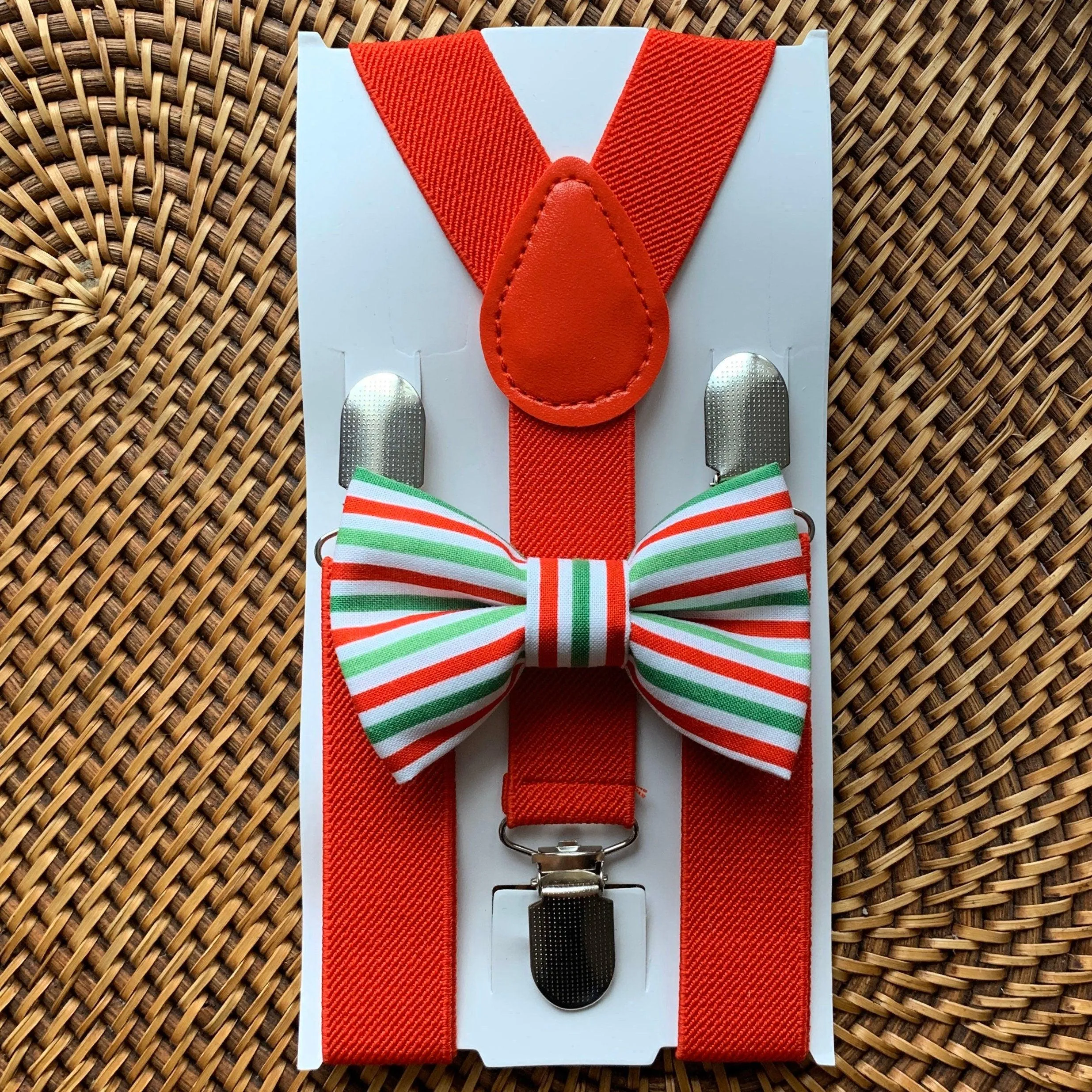 Red, Green & White Striped Bow Tie & Red Suspenders Set