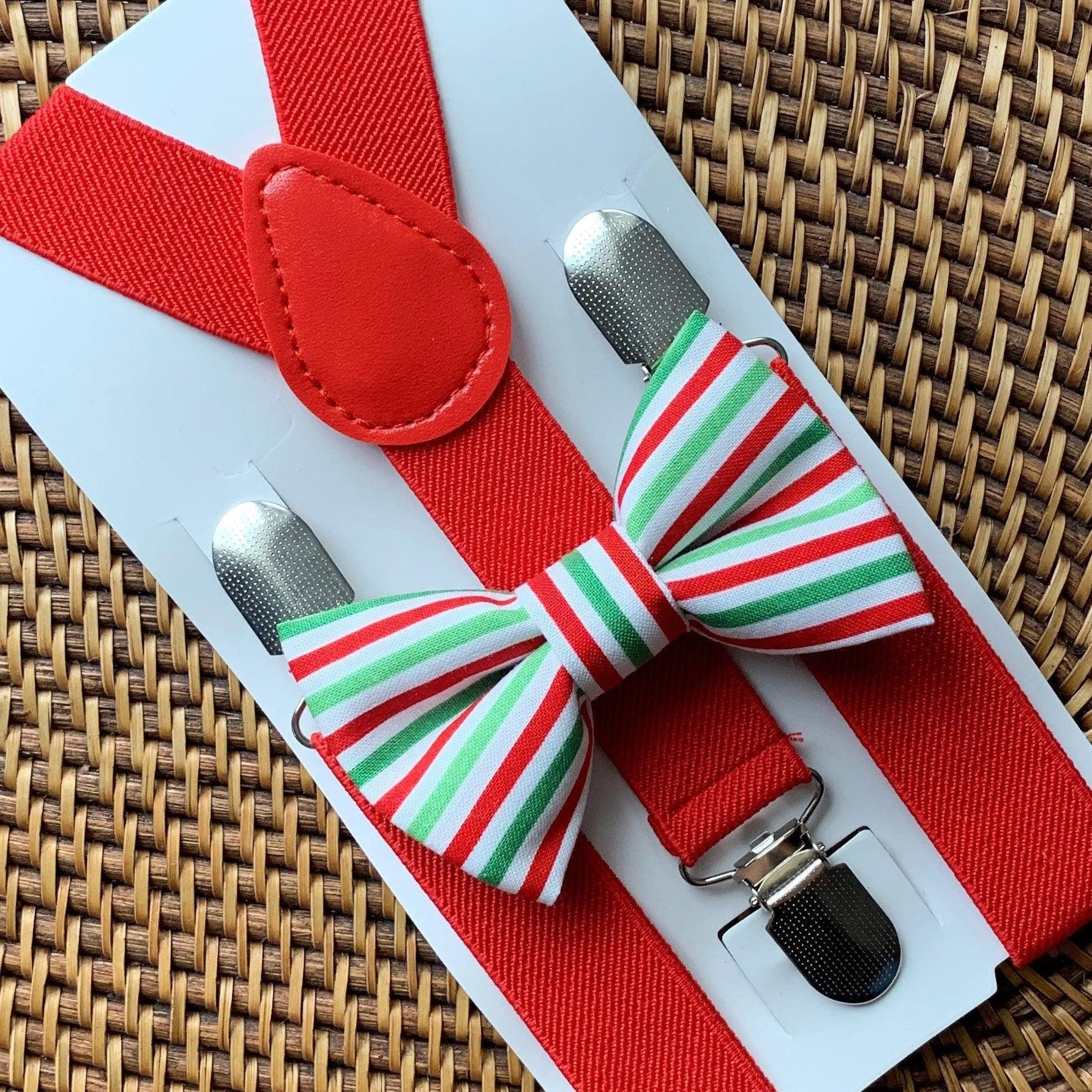 Red, Green & White Striped Bow Tie & Red Suspenders Set