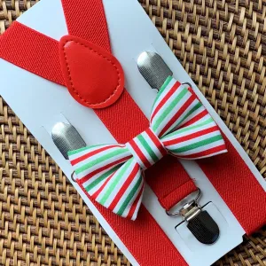 Red, Green & White Striped Bow Tie & Red Suspenders Set