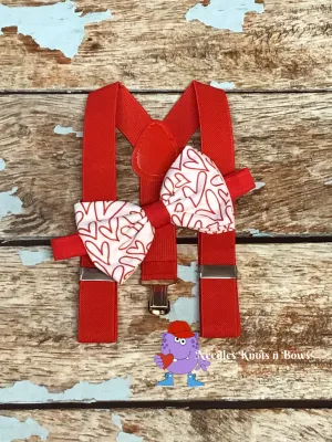 Red Hearts Bow Tie, Valentines Bow Tie, Hearts on White, Valentine Bow Tie Suspender Set