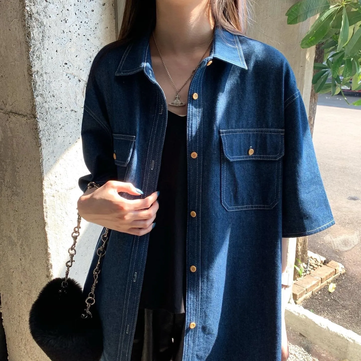 Retro Blue Loose Thin Denim Shirt Jacket