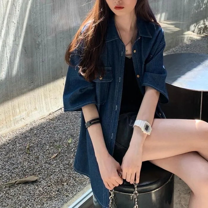 Retro Blue Loose Thin Denim Shirt Jacket