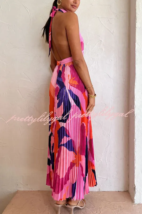 Romantic One Capri Print Halter Neck Pleated Maxi Dress