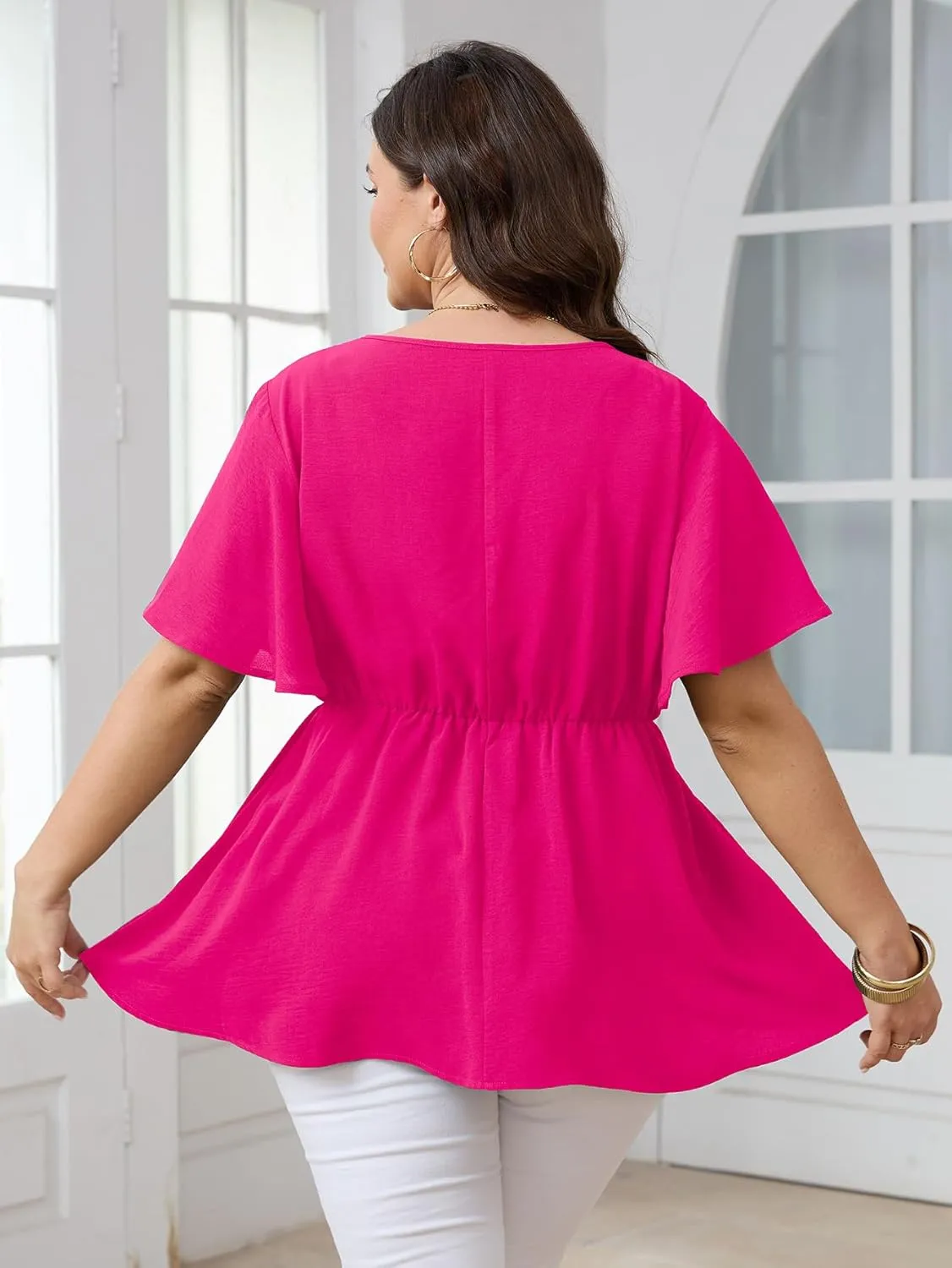 SCOMCHIC 2024 Women's Plus Size Peplum Tops Elegant V Neck Tie Front Bell Sleeve Flowy Blouses Shirts
