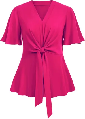 SCOMCHIC 2024 Women's Plus Size Peplum Tops Elegant V Neck Tie Front Bell Sleeve Flowy Blouses Shirts