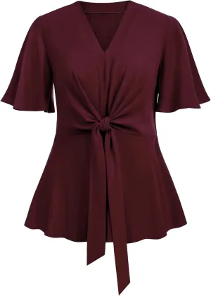 SCOMCHIC 2024 Women's Plus Size Peplum Tops Elegant V Neck Tie Front Bell Sleeve Flowy Blouses Shirts