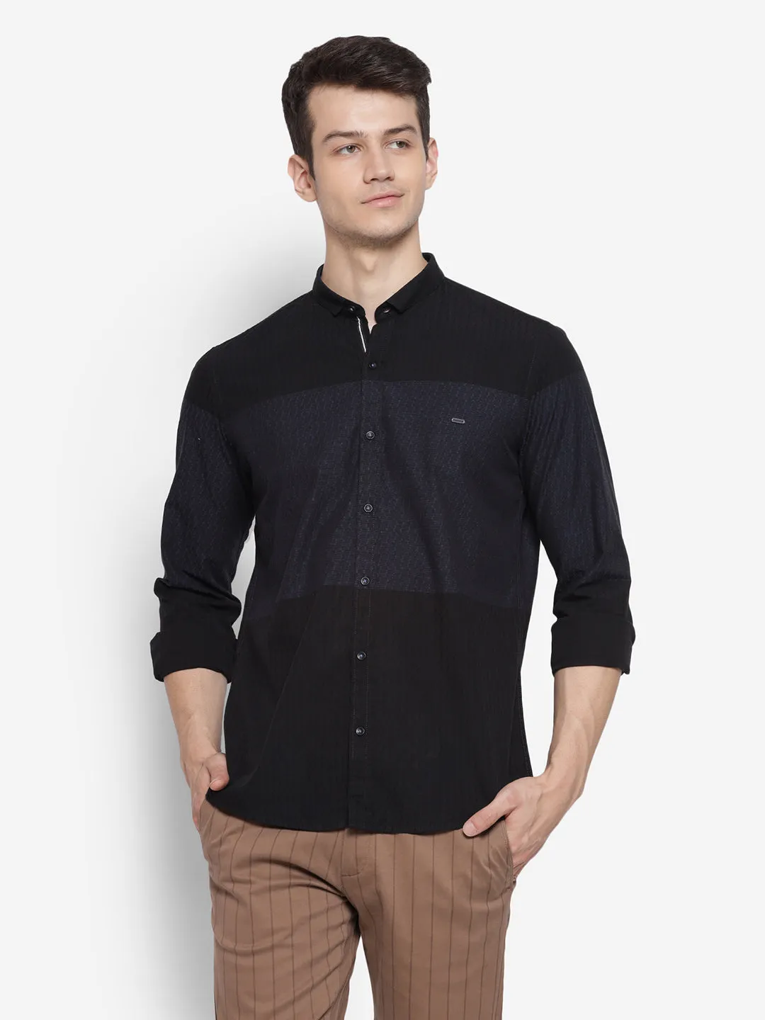 Self Design Black Slim Fit Casual Shirt