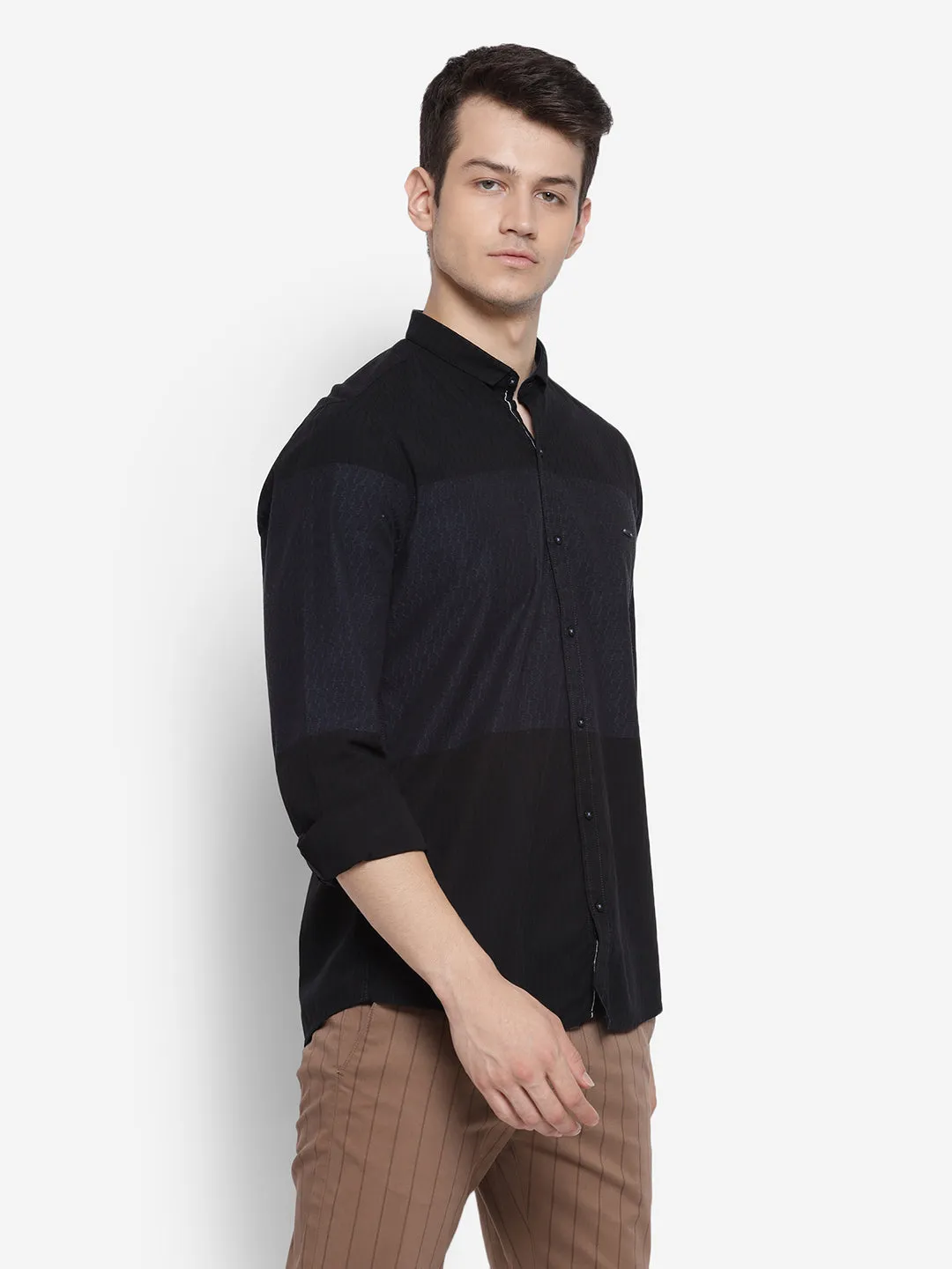 Self Design Black Slim Fit Casual Shirt
