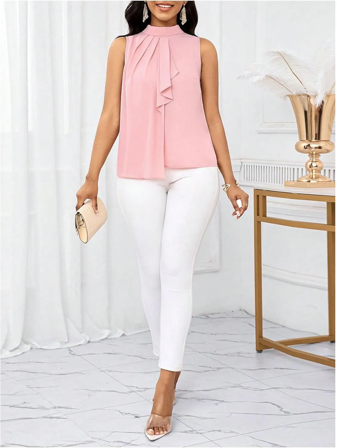 SHENHE Women's Chiffon Tank Top Tie Neck Ruffle Trim Sleeveless Elegant Blouse Shirt