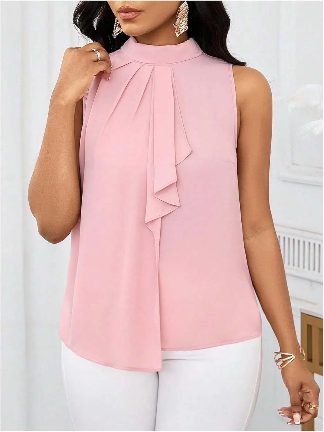 SHENHE Women's Chiffon Tank Top Tie Neck Ruffle Trim Sleeveless Elegant Blouse Shirt