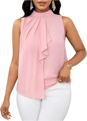 SHENHE Women's Chiffon Tank Top Tie Neck Ruffle Trim Sleeveless Elegant Blouse Shirt