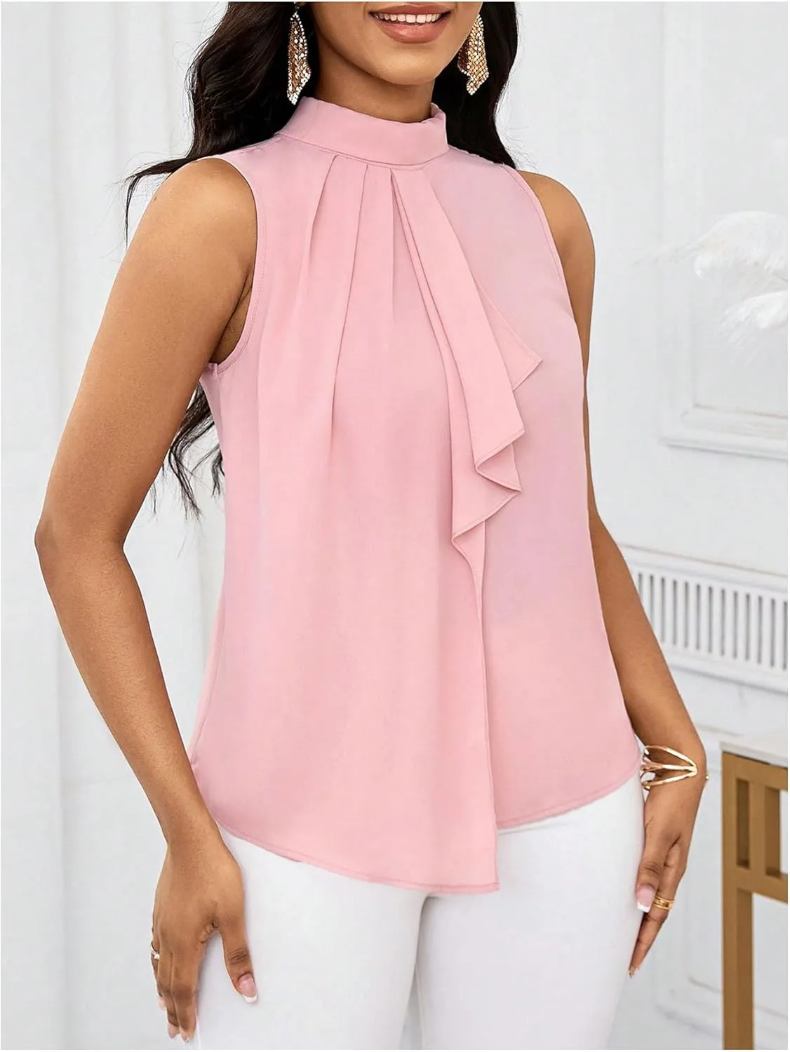SHENHE Women's Chiffon Tank Top Tie Neck Ruffle Trim Sleeveless Elegant Blouse Shirt