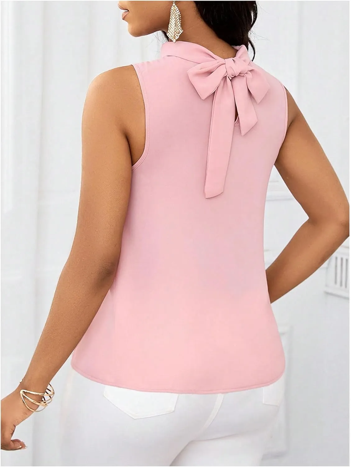 SHENHE Women's Chiffon Tank Top Tie Neck Ruffle Trim Sleeveless Elegant Blouse Shirt