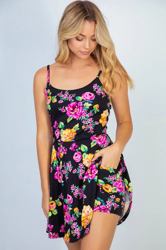 sleeveless floral print black dress by white birch