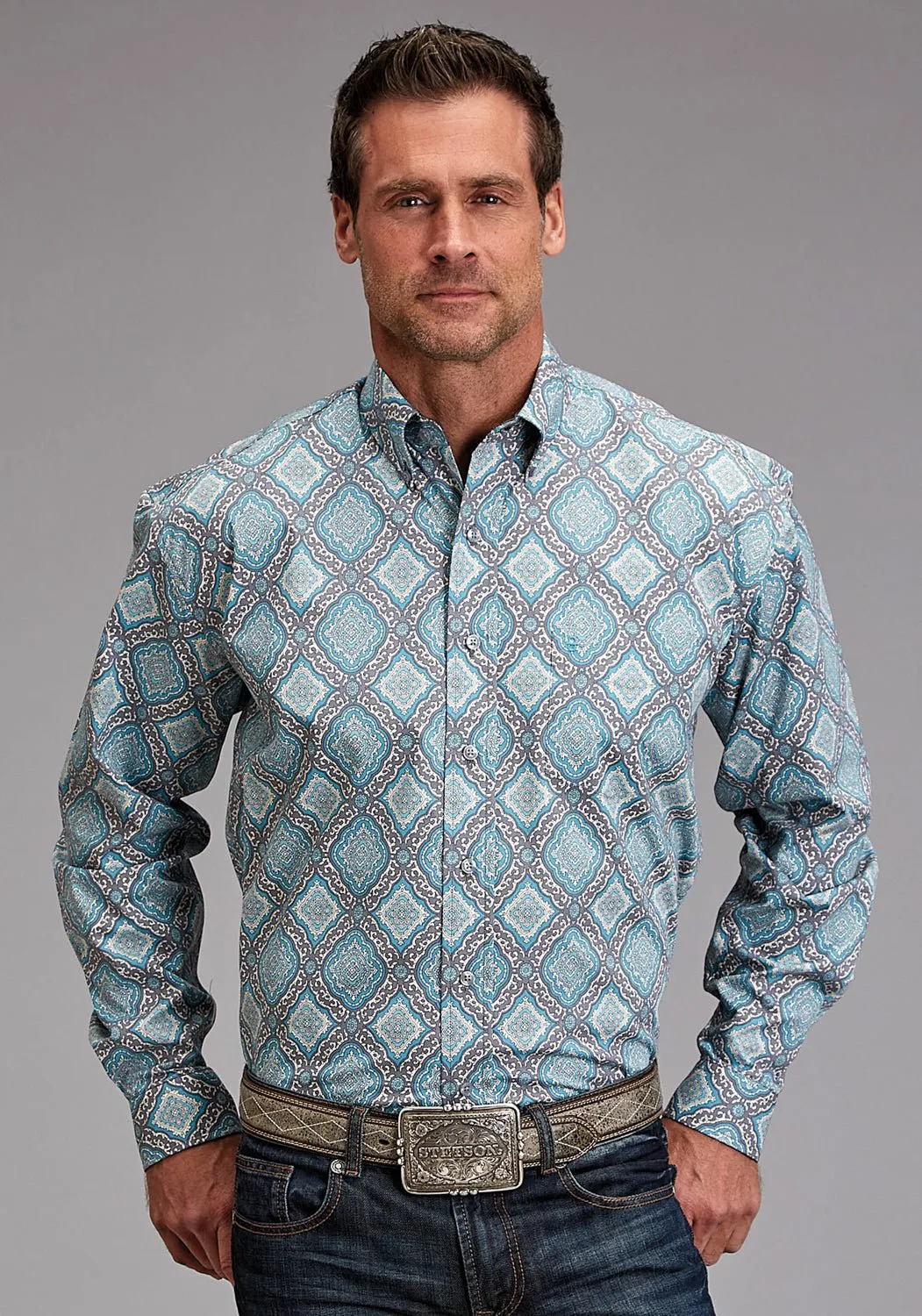 Stetson Mens 1918 Medallion Turquoise 100% Cotton 1 Pkt L/S Shirt