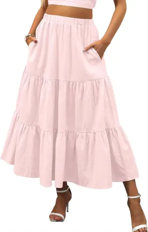 Summer Maxi Skirts for Women Fashion Boho Elastic High Waist Ruffle Hem Skirt Flowy Solid Color Skorts with Pockets