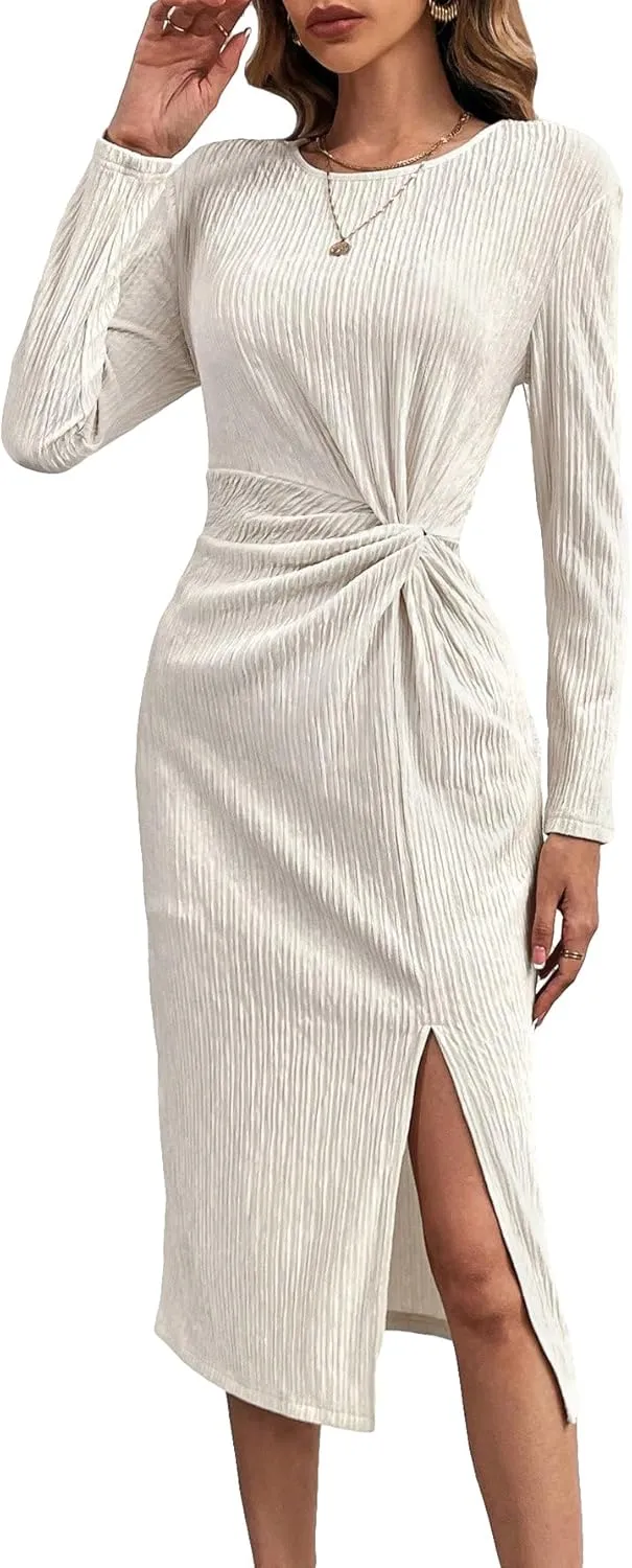 SweatyRocks Women's Casual Twist Front Long Sleeve Midi Dress Round Neck Split Thigh Knitted Long Dresses