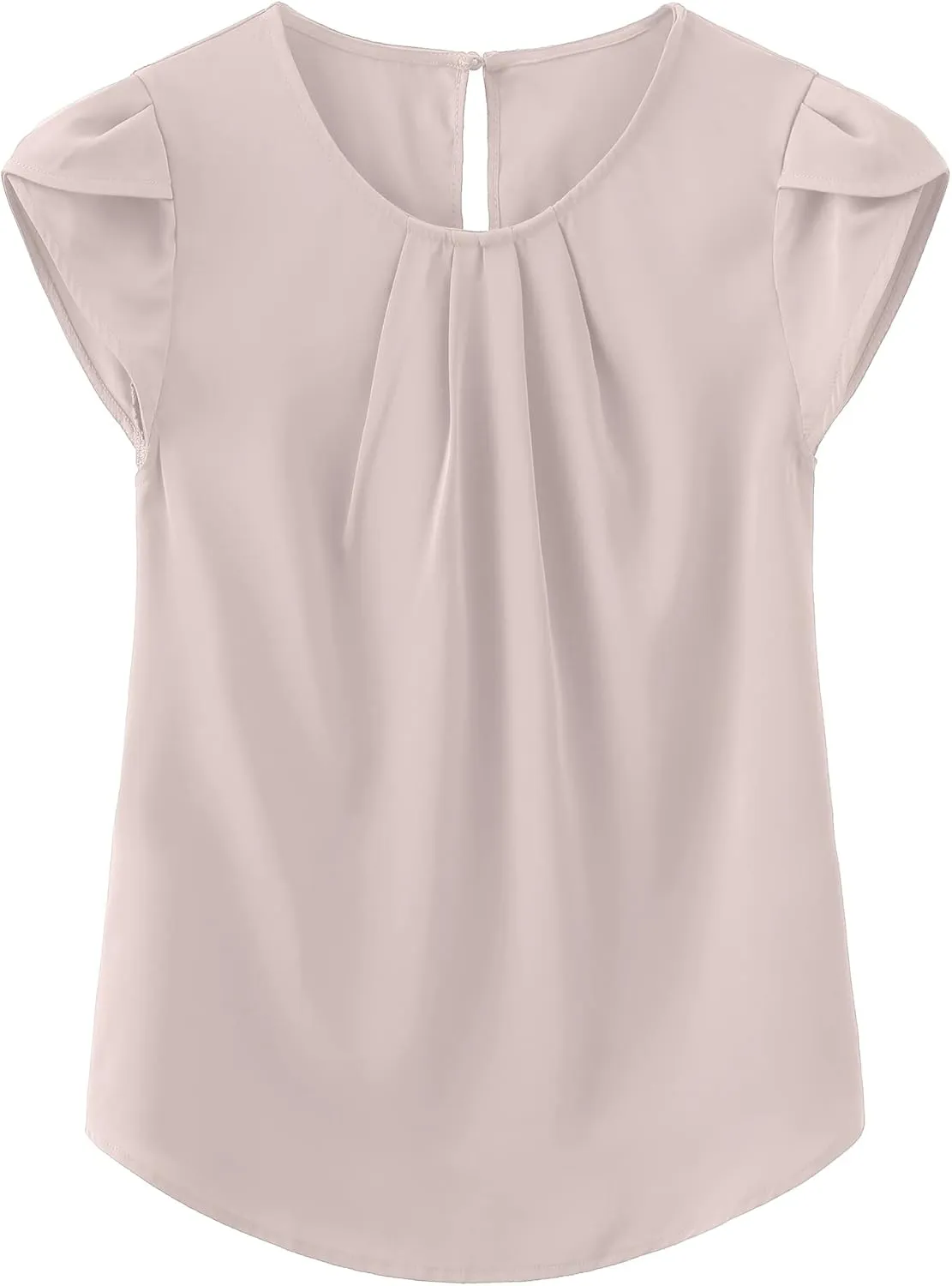 TASAMO Women's Casual Round Neck Basic Pleated Top Cap Sleeve Curved Keyhole Back Chiffon Blouse