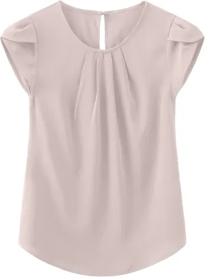 TASAMO Women's Casual Round Neck Basic Pleated Top Cap Sleeve Curved Keyhole Back Chiffon Blouse