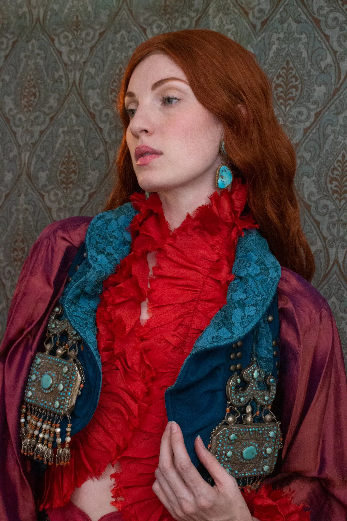 Teal Velvet  and Lace Vest with Brass Studs
