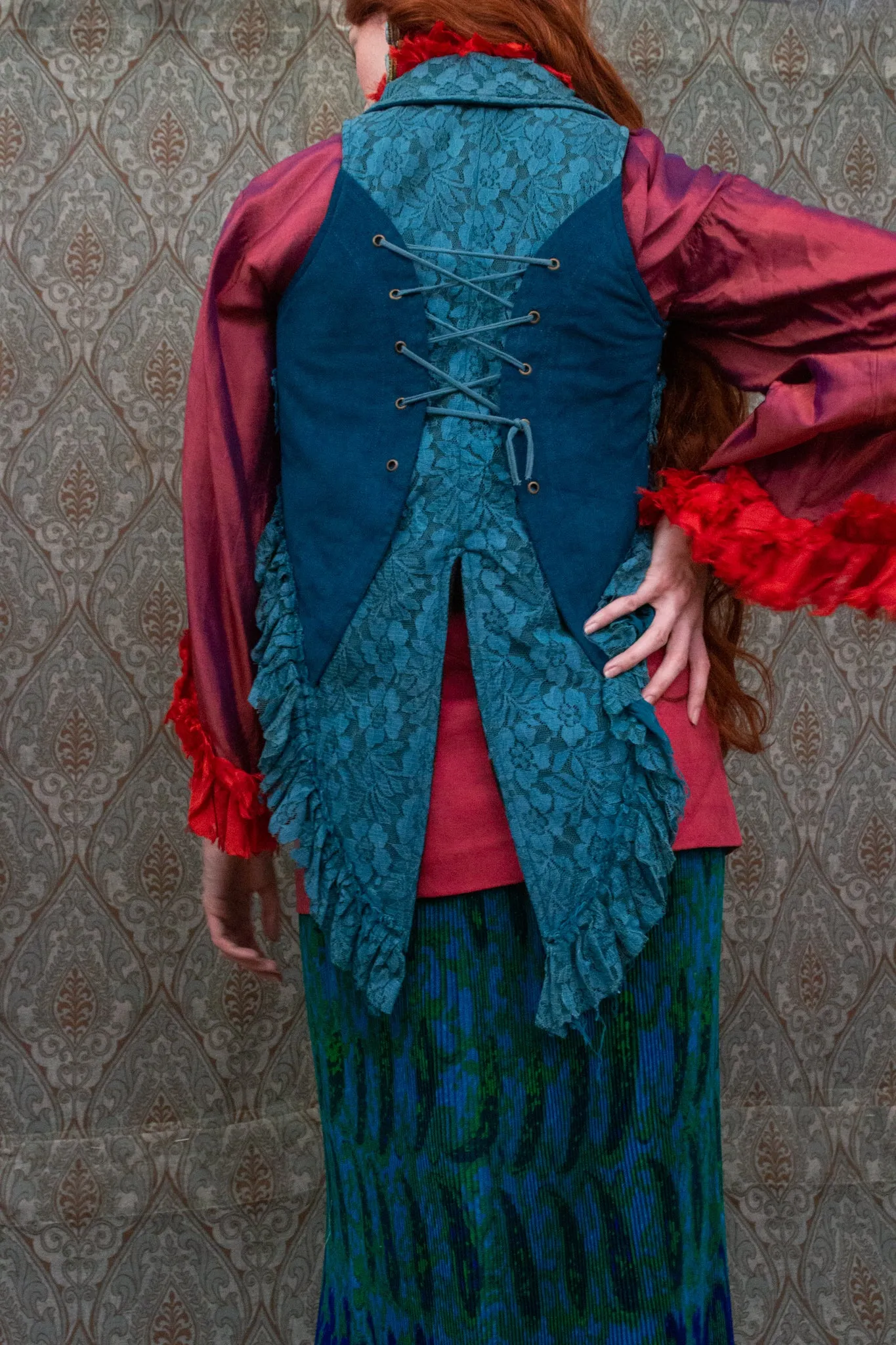Teal Velvet  and Lace Vest with Brass Studs