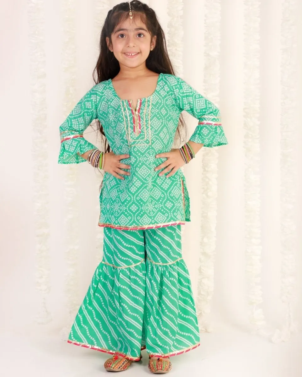 Turquoise Bandhani Girls Kurta Sharara Set