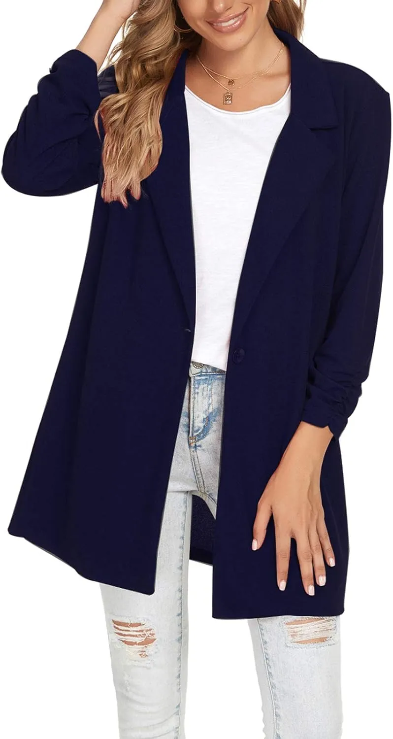 Unifizz Women Long Blazers for Business Casual 3/4 Sleeve Button Front Notch Lapel Lightweight Work Office Blazer Jackets