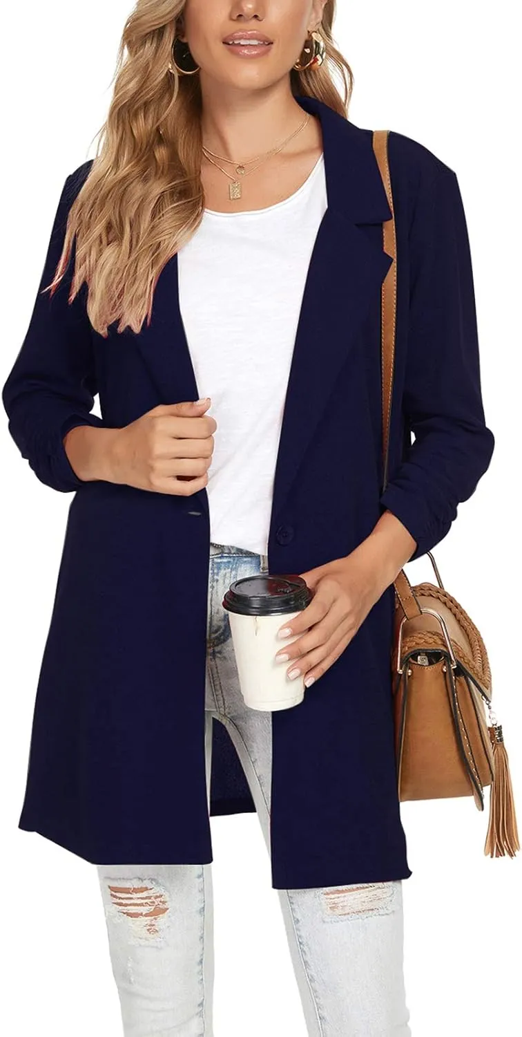 Unifizz Women Long Blazers for Business Casual 3/4 Sleeve Button Front Notch Lapel Lightweight Work Office Blazer Jackets