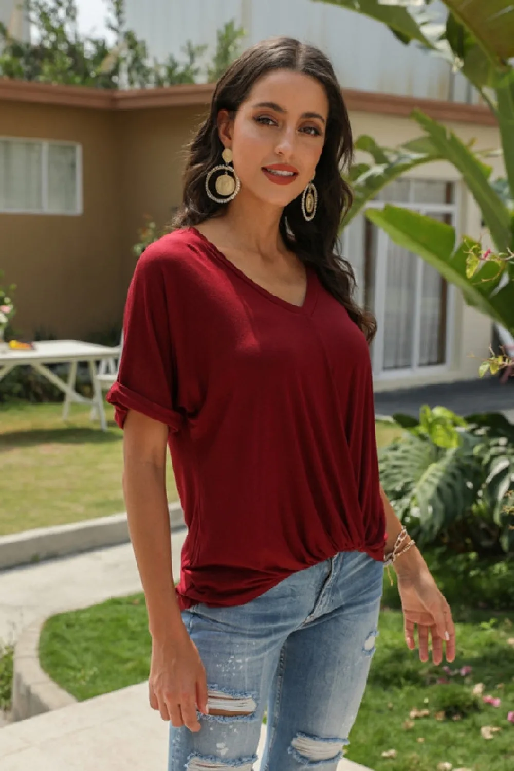 V-Neck Solid Color Pleated T-Shirt