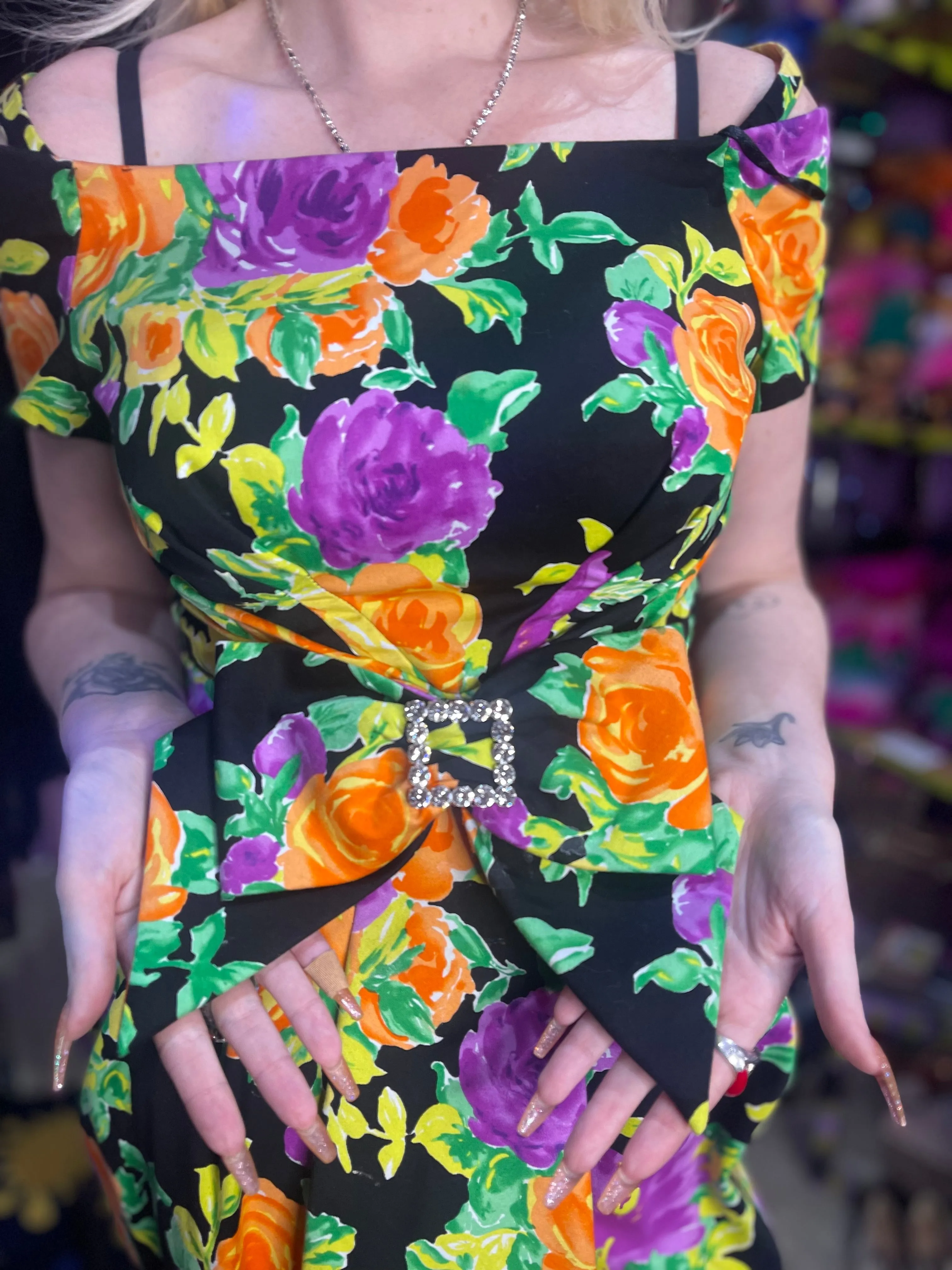 Vintage 80s Floral Rhinestone Bow Dress