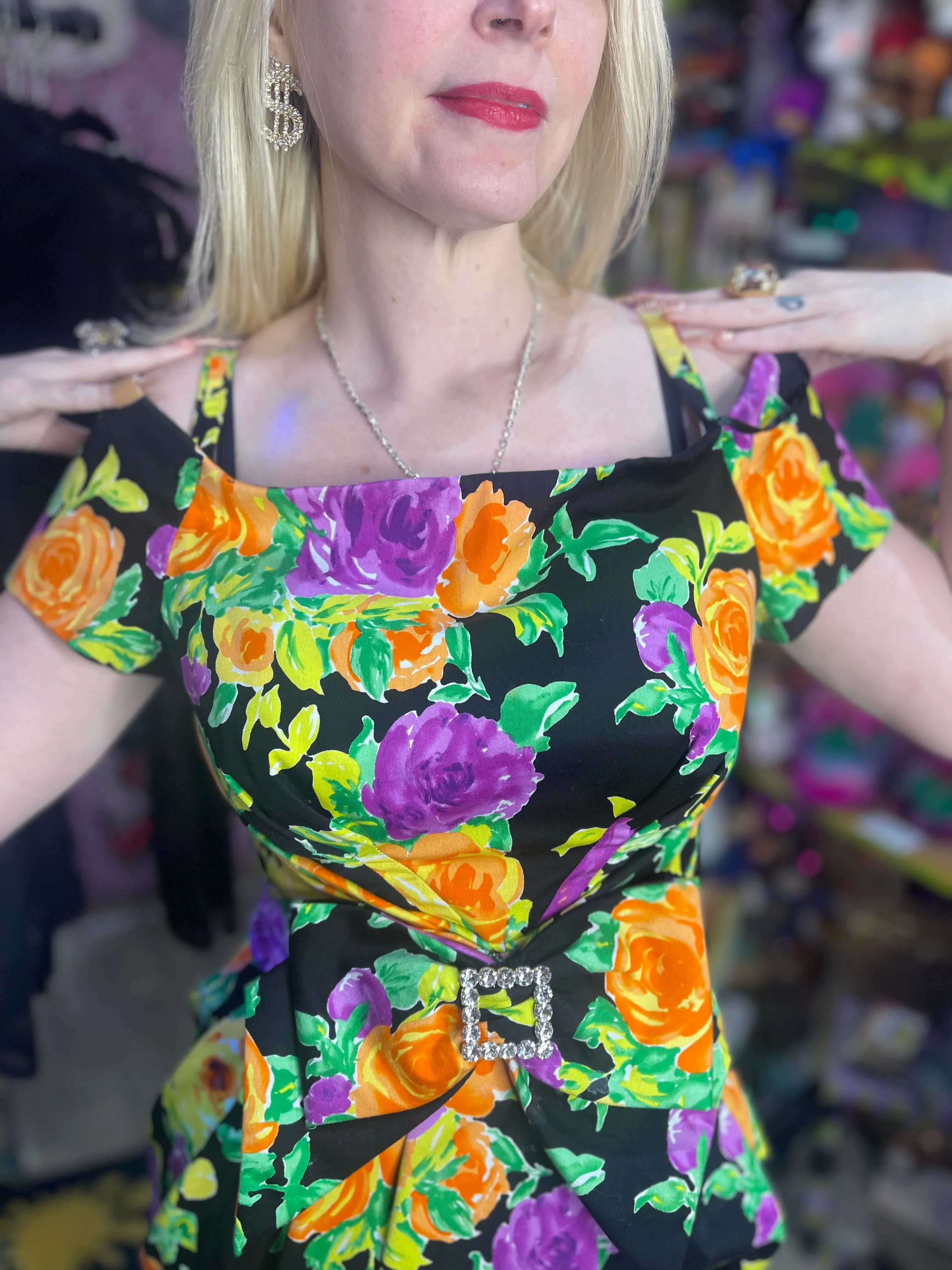 Vintage 80s Floral Rhinestone Bow Dress