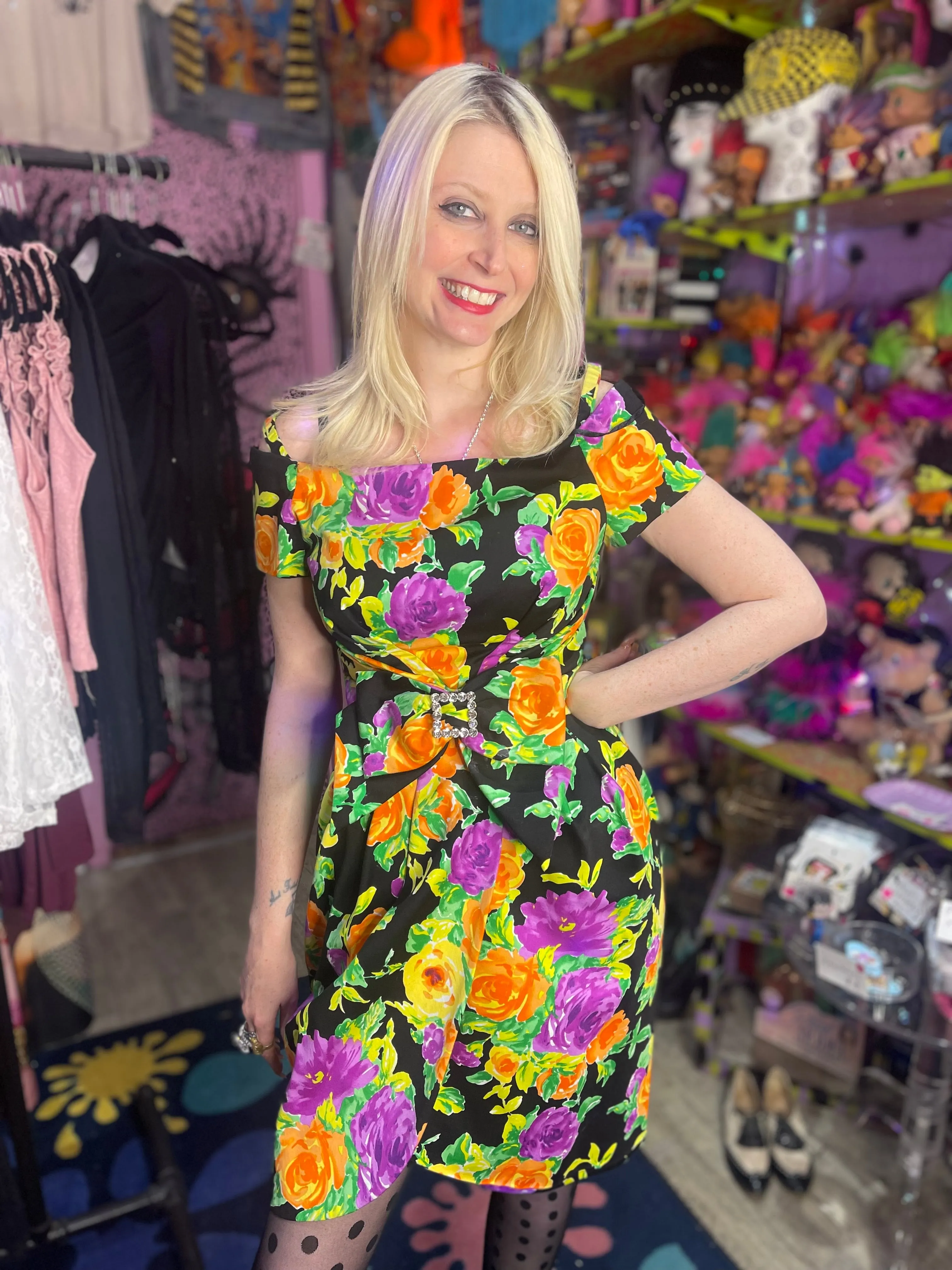 Vintage 80s Floral Rhinestone Bow Dress