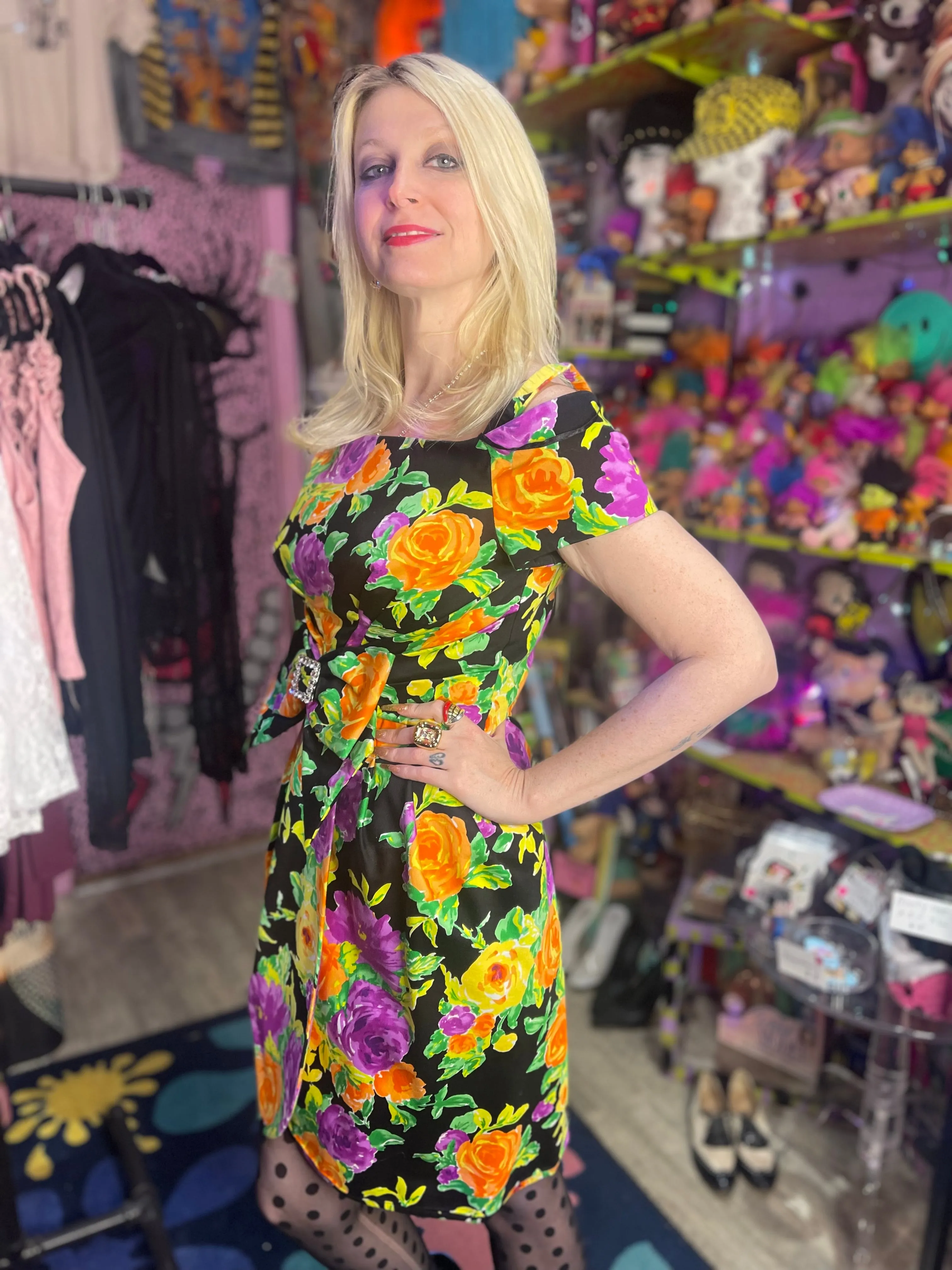 Vintage 80s Floral Rhinestone Bow Dress