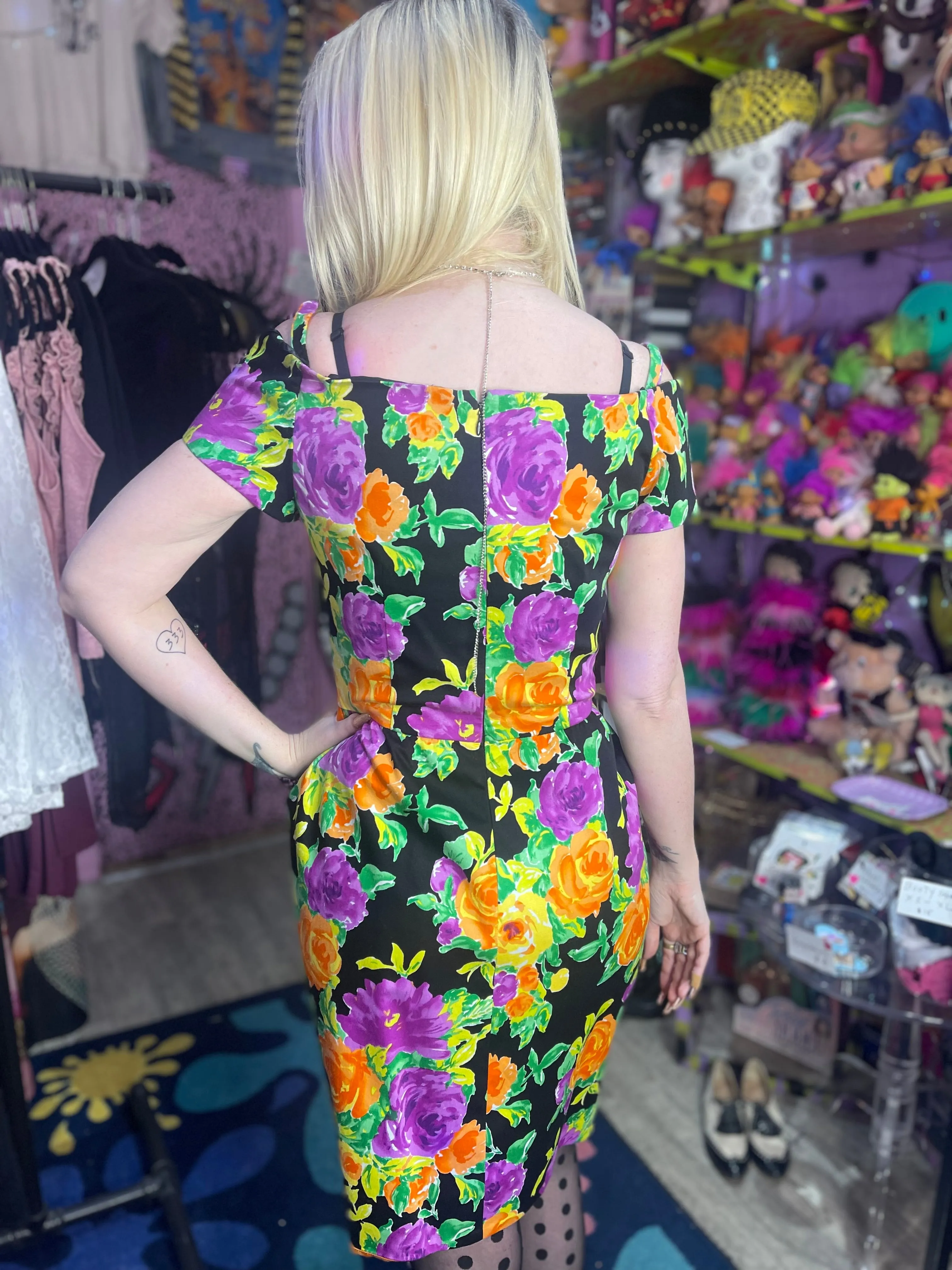 Vintage 80s Floral Rhinestone Bow Dress