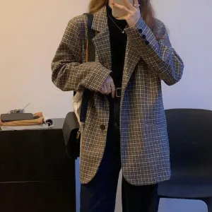 Vintage Aesthetic Tartan Loose Woolen Suit Jacket