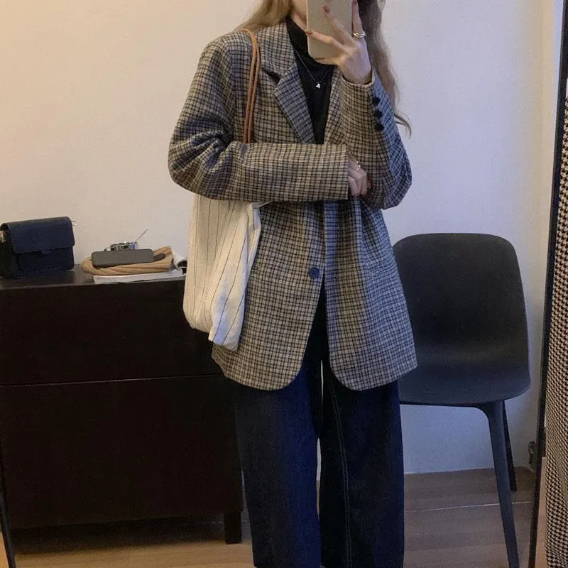 Vintage Aesthetic Tartan Loose Woolen Suit Jacket