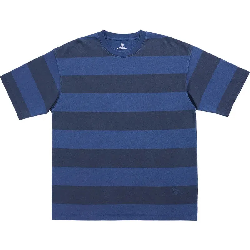 Vintage Washed Denim Striped T-shirts - Oversize Cotton Fabric